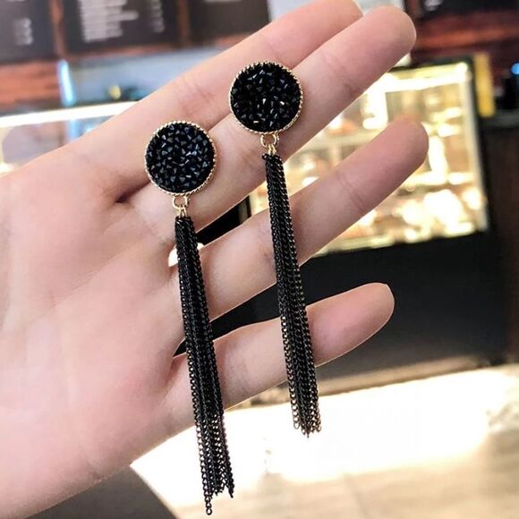 💎63💎 Modern Black Druzy with Long Black Chain Tassel Stud Earrings … - Picture 8 of 16